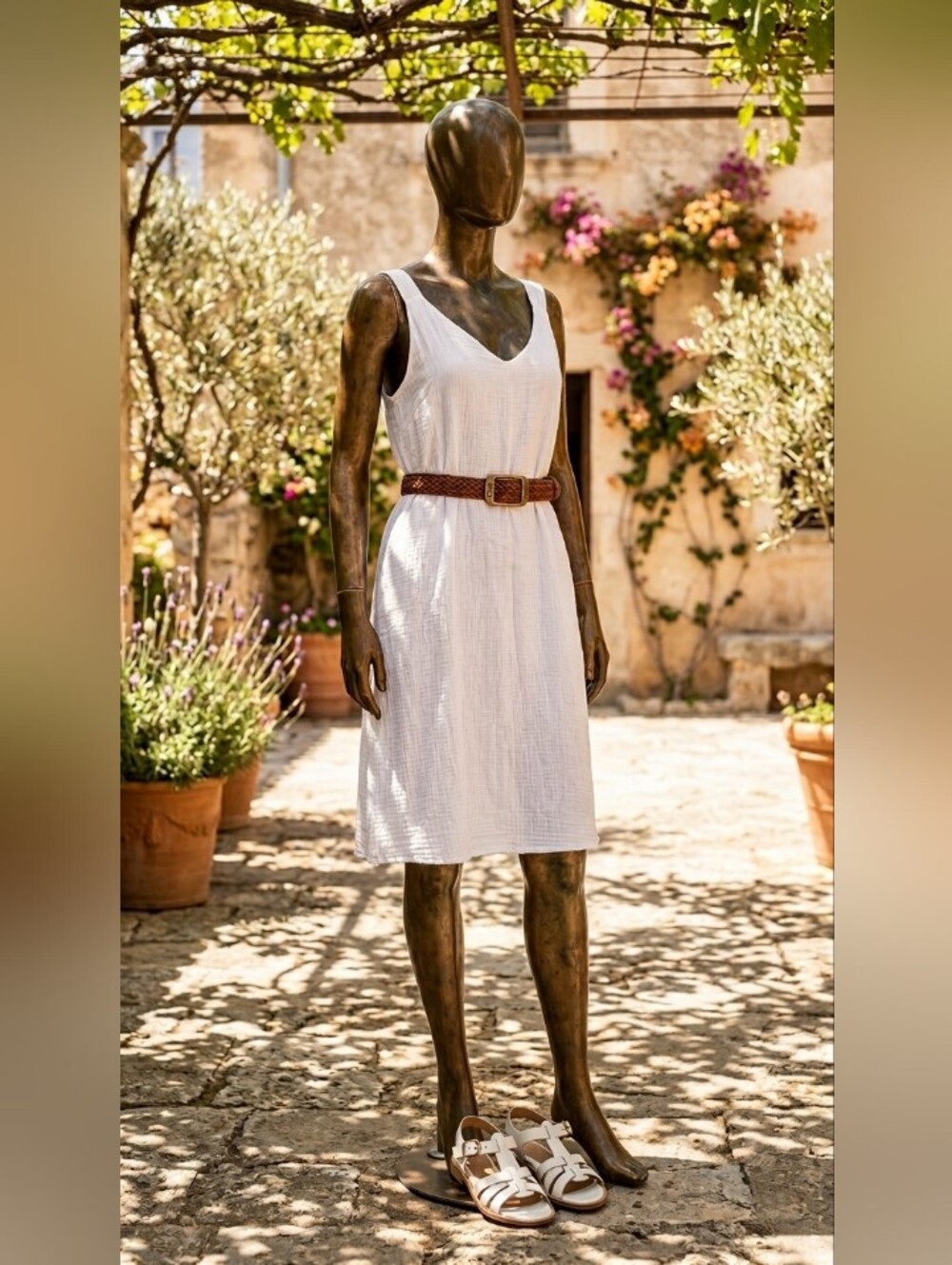Women's White Sleeveless Summer Dress with Frye Belt